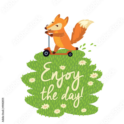 Funny card with cute fox in cartoon style. Vector illustration