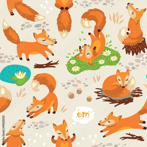 Seamless pattern with little cute foxes. Vector illustration