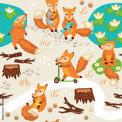 Seamless pattern with little cute foxes. Cartoon background