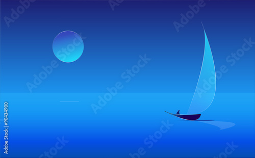 Man in a sailboat in the moonlight