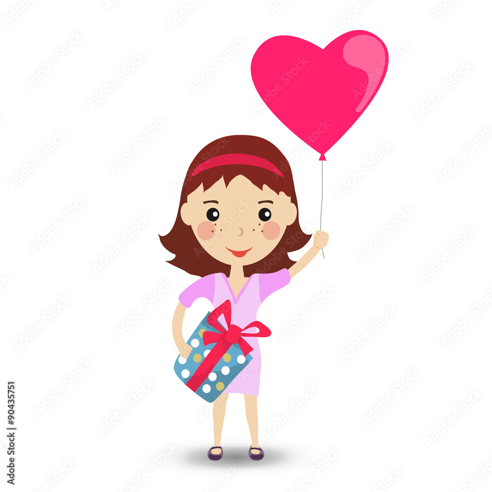 Happy girl with a balloon in the form of a heart in purple dress Happy girl with a balloon in the form of a heart in purple dress