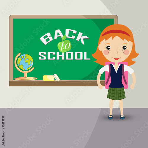 Back to school design. a girl student stands in front of the bla