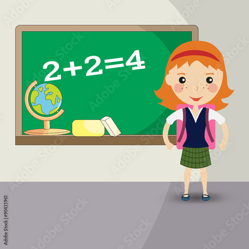 Back to school design. a girl student stands in front of the bla