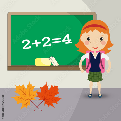 Back to school design. a girl student stands in front of the bla