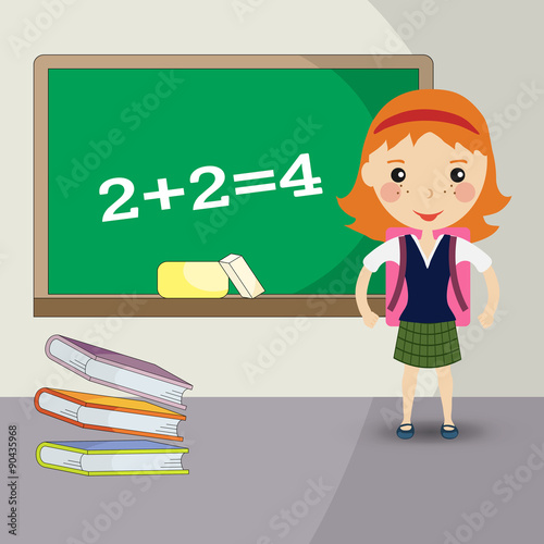 Back to school design. a girl student stands in front of the bla