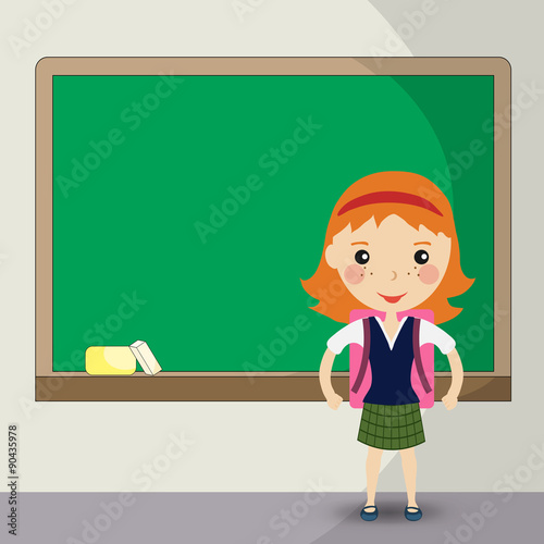 Back to school design. a girl student stands in front of the bla