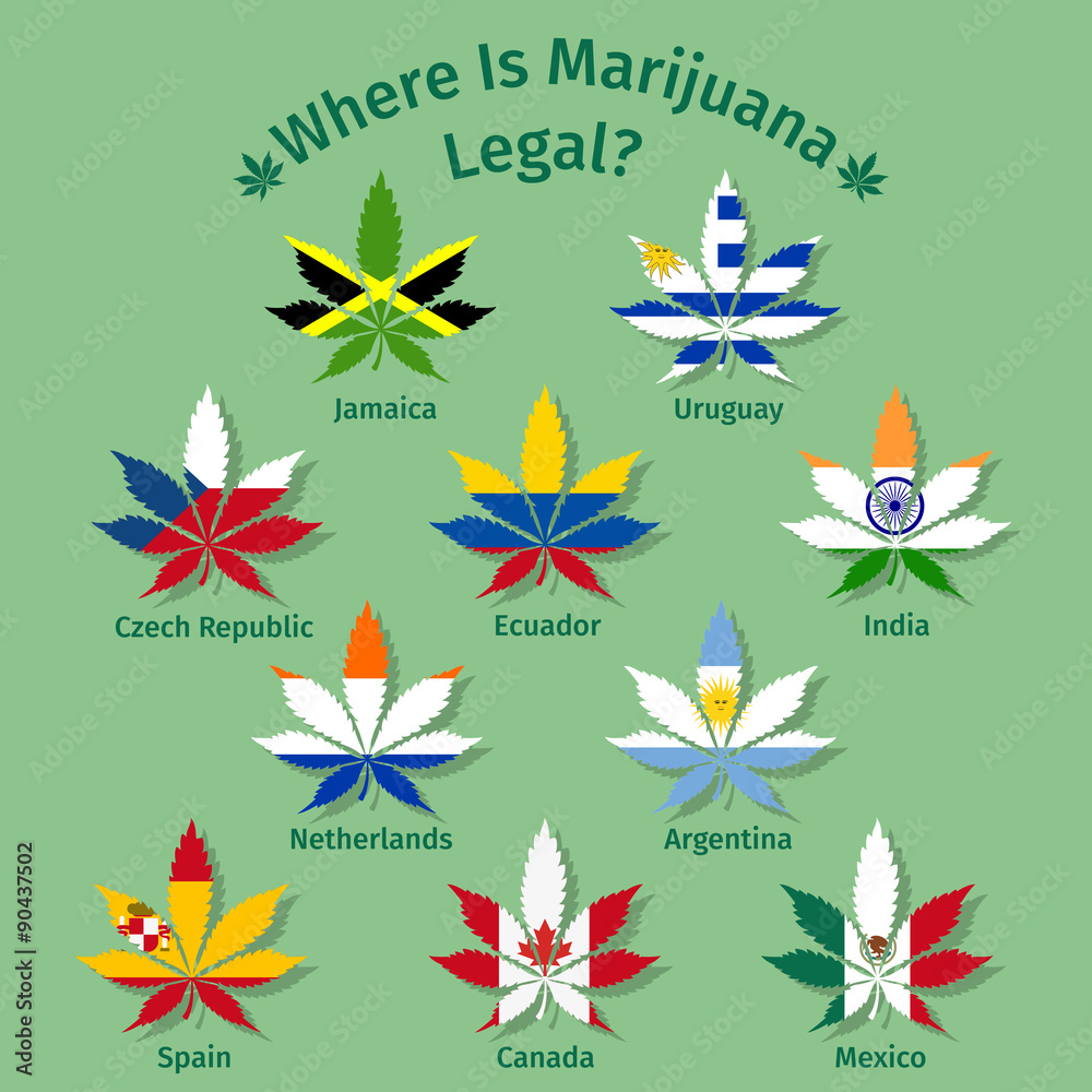 Marijuana leaves with the international flags Marijuana leaves with the international flags