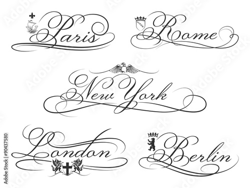 City emblems with calligraphic elements. Cities Lettering