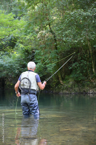 Fly-fisherman fishing in river on summer season