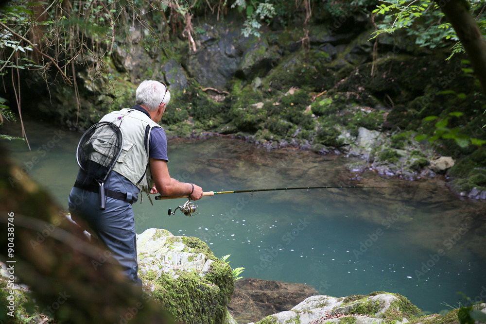 Fly-fisherman fishing in river on summer season Fly-fisherman fishing in river on summer season