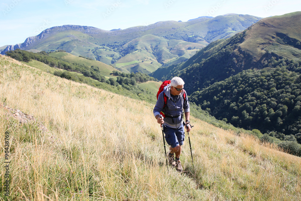 trekker on a journey in Basque country mountains