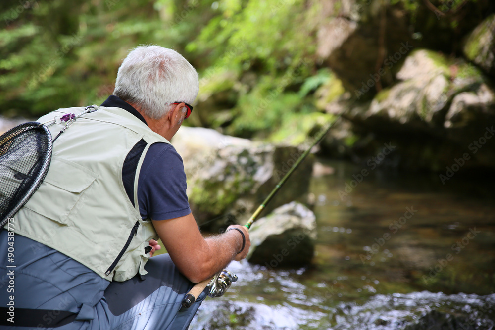 Fly-fisherman fishing in river on summer season Fly-fisherman fishing in river on summer season