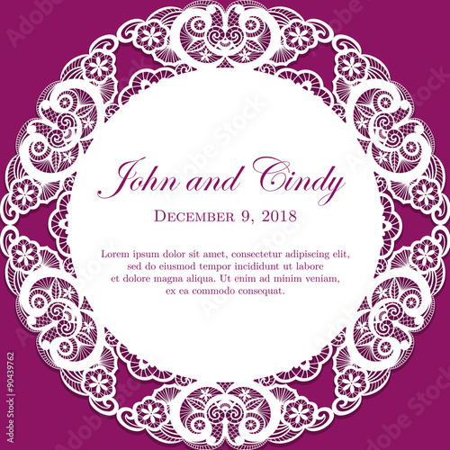 Romantic fuchsia wedding announcement with white lace