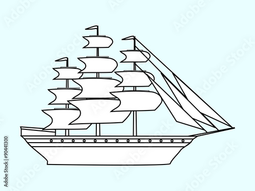 Sailing white ship frigate retro transport sea