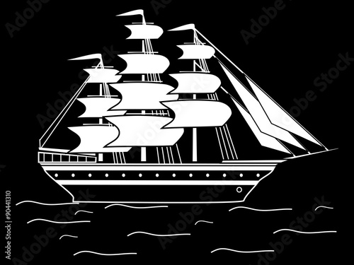 Sailing black white silhouette ship frigate retro