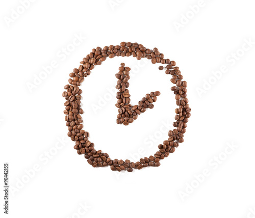 Clock made of coffee beans on a white background