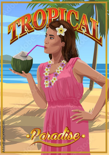 Pretty young woman in pink dress with coconut hands on a
