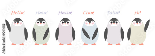 Funny penguins on white background. Hello in English Spanish