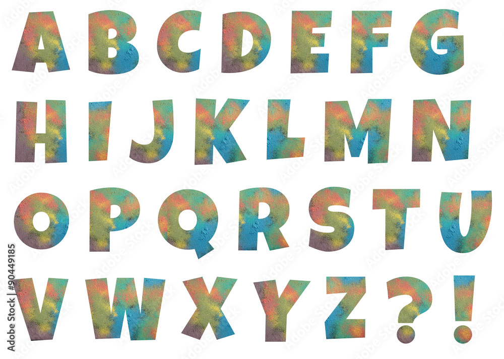 Alphabet letters made from powder of colored chalks isolated on Alphabet letters made from powder of colored chalks isolated on