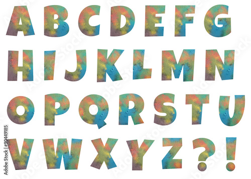 Alphabet letters made from powder of colored chalks isolated on