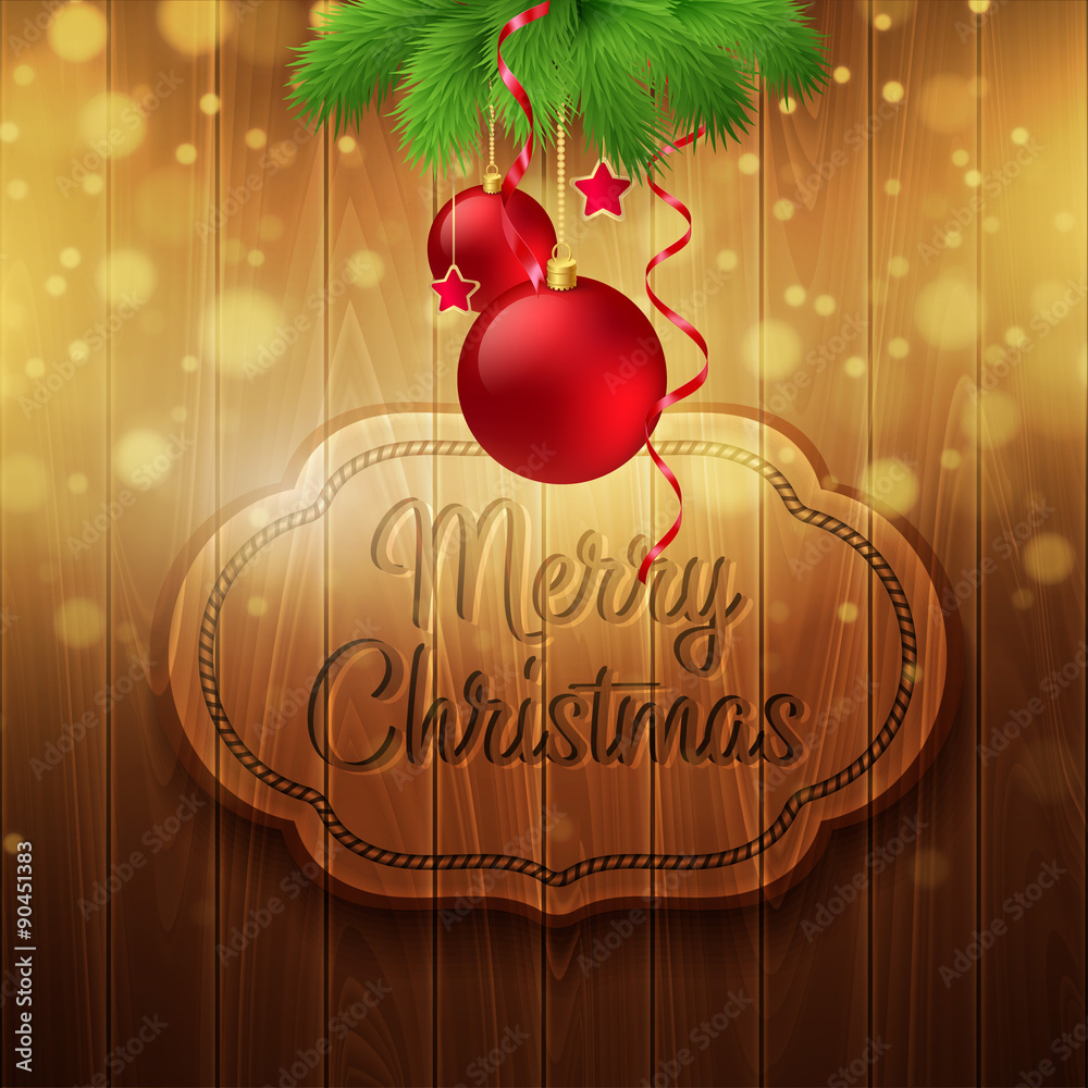 Christmas decoration on the wooden background. Vector background