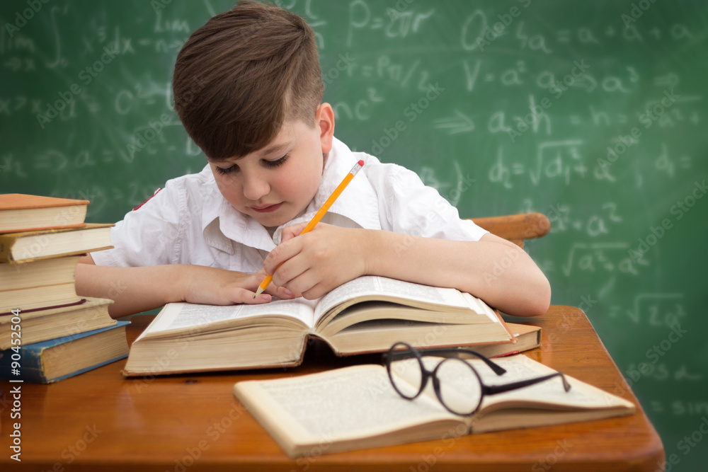 Cute pupil writing at desk