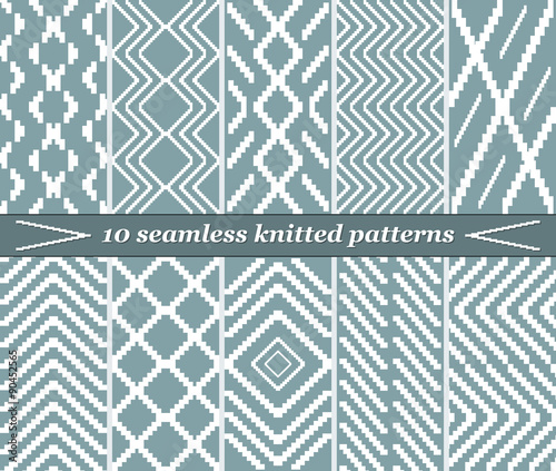10 seamless knitted patterns in blue-grey color