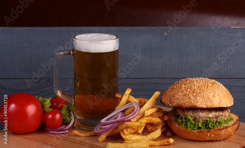 Beer burger and chips