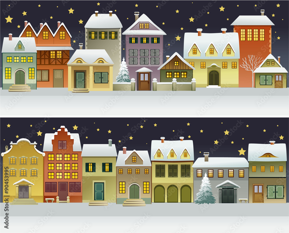 Winter banners with cartoon houses 
