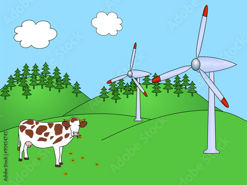 Obraz na płótnie Wind power plants with cow w salonie