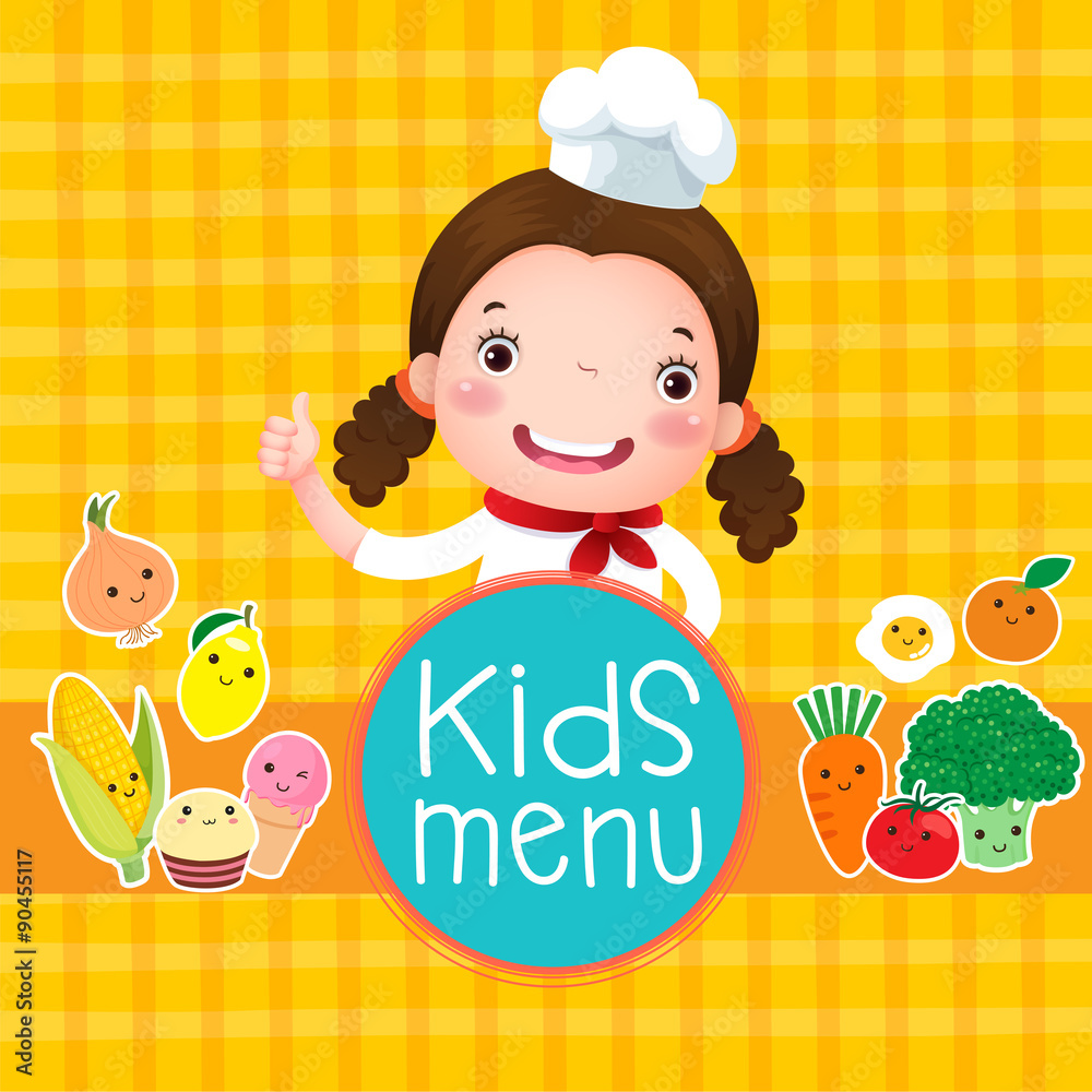 Design of kids menu with smiling girl chef