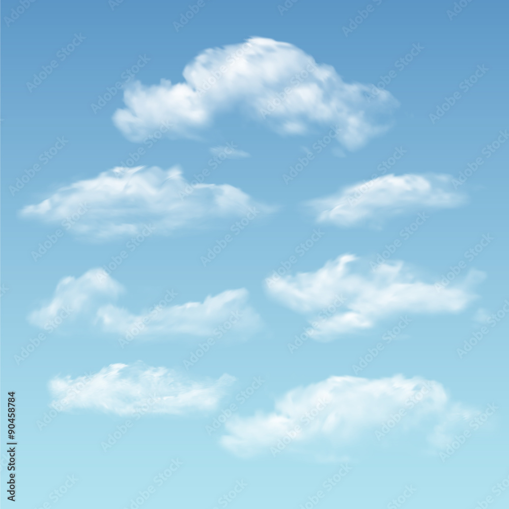 Fototapeta premium Set of transparent different clouds. Vector.