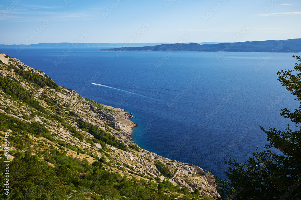 View of the Adriatic Sea coast and Omis and Makarska Riviera, in