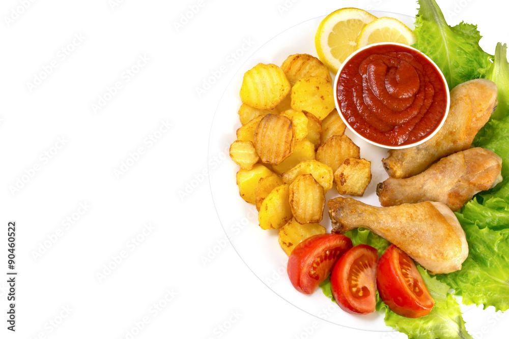 chicken legs on a white plate with slices of tomato and lettuce and french fries and ketchup top view isolated on white background
chicken legs on a white plate with slices of tomato and lettuce and french fries and ketchup top view isolated on white background