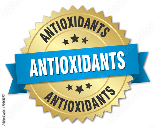 antioxidants 3d gold badge with blue ribbon