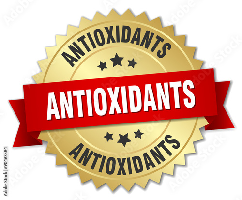 antioxidants 3d gold badge with red ribbon