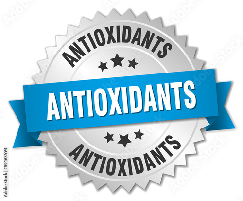 antioxidants 3d silver badge with blue ribbon