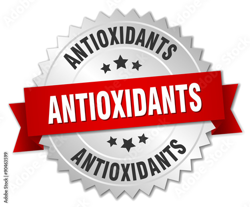 antioxidants 3d silver badge with red ribbon