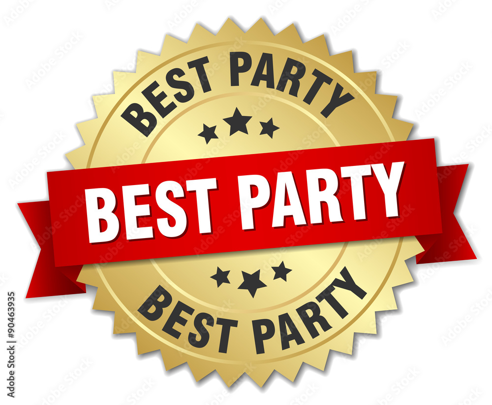 best party 3d gold badge with red ribbon