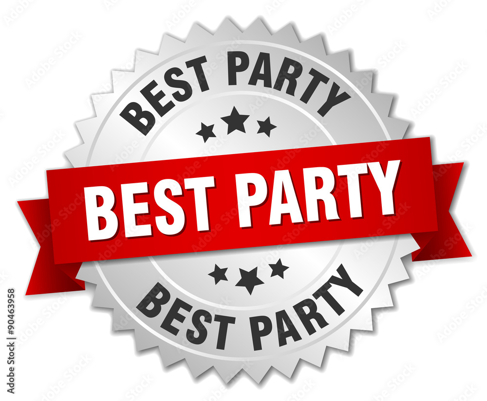 best party 3d silver badge with red ribbon best party 3d silver badge with red ribbon