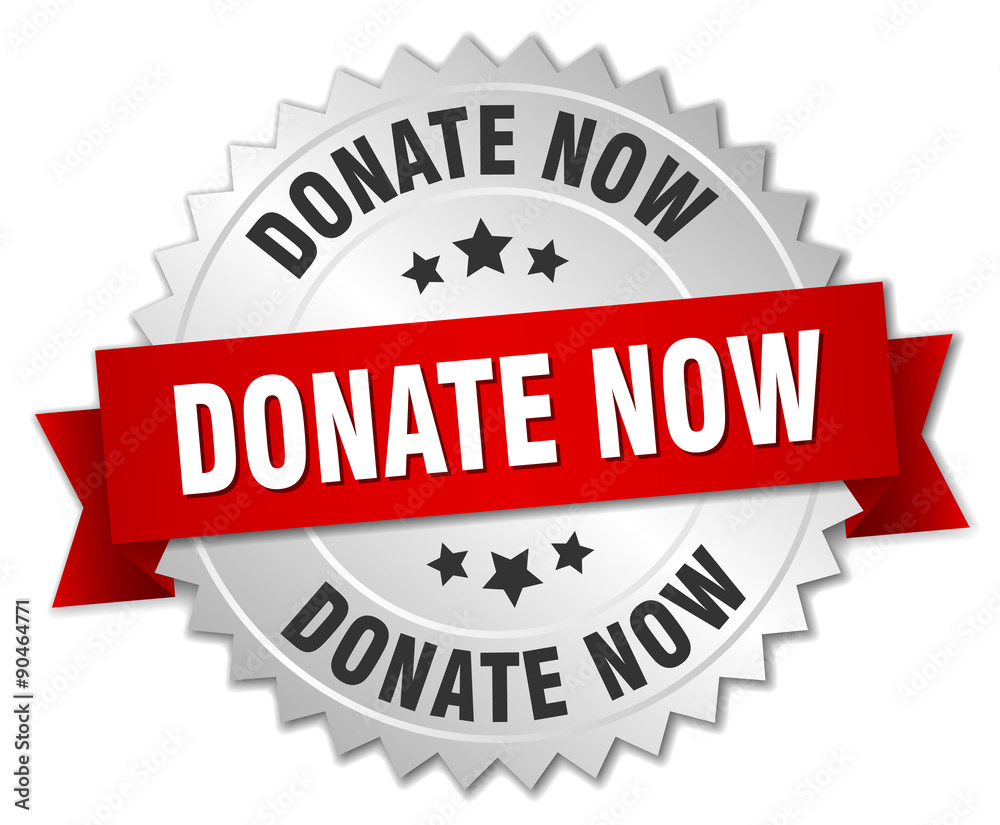 donate now 3d silver badge with red ribbon