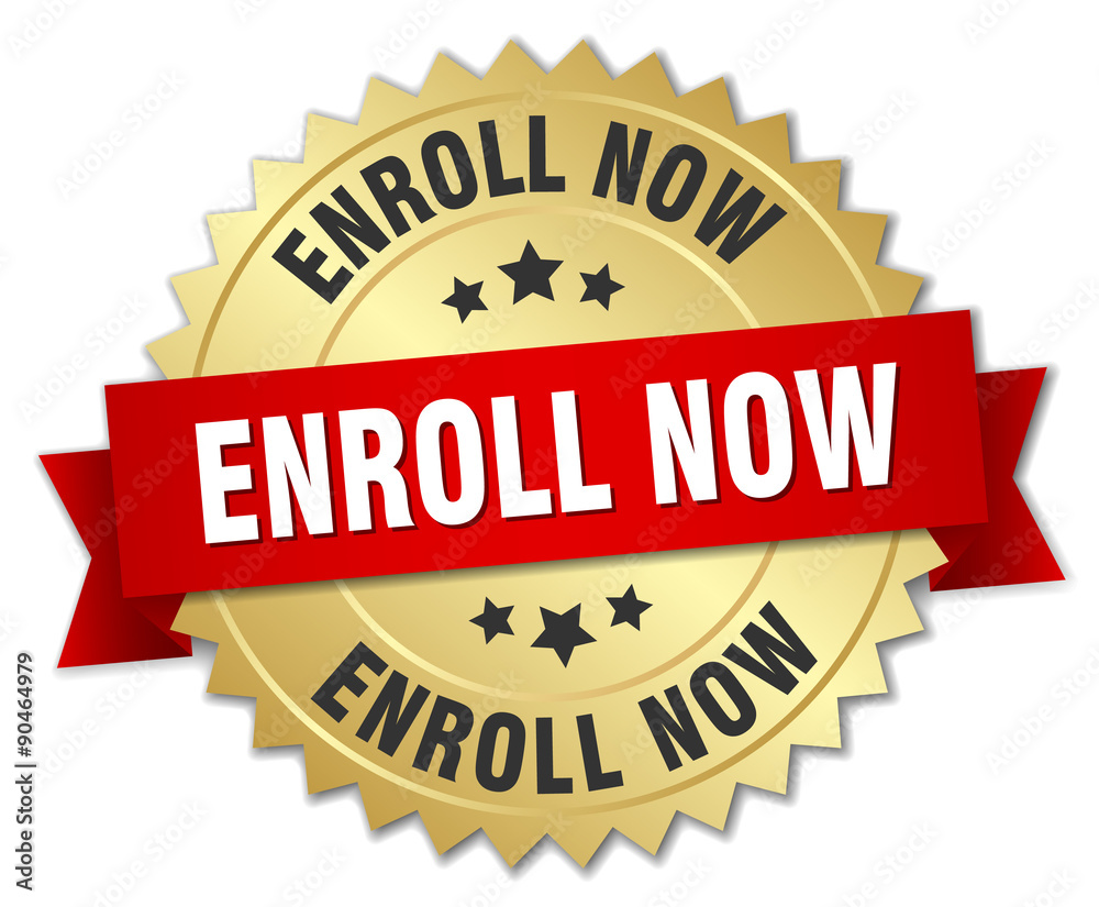 enroll now 3d gold badge with red ribbon enroll now 3d gold badge with red ribbon