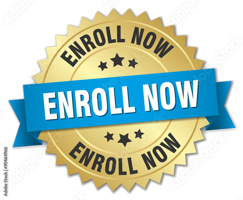 enroll now 3d gold badge with blue ribbon