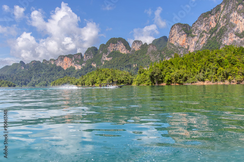 Travel by small boats  Ratchaprapha dam area in Surat Thani province  Thailand.