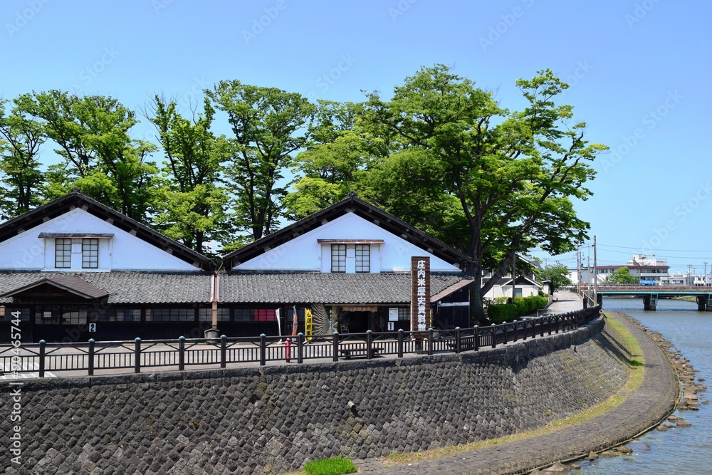 Fototapeta premium 山居倉庫（山形県酒田市）／米どころ、山形県庄内のシンボル「山居倉庫」の風景です。山居倉庫は明治26年(1893)に建てられ、現在も現役の米保管倉庫です。白壁、土蔵づくり９棟からなる倉庫の米の収容能力は10,800トン(18万俵)です。夏の高温防止のために背後にケヤキ並木を配し、内部の湿気防止には二重屋根にするなど、自然を利用した先人の知恵が生かされた低温倉庫です。