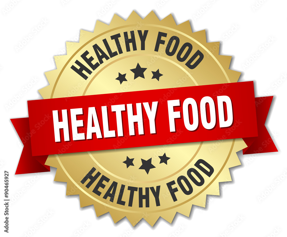 healthy food 3d gold badge with red ribbon