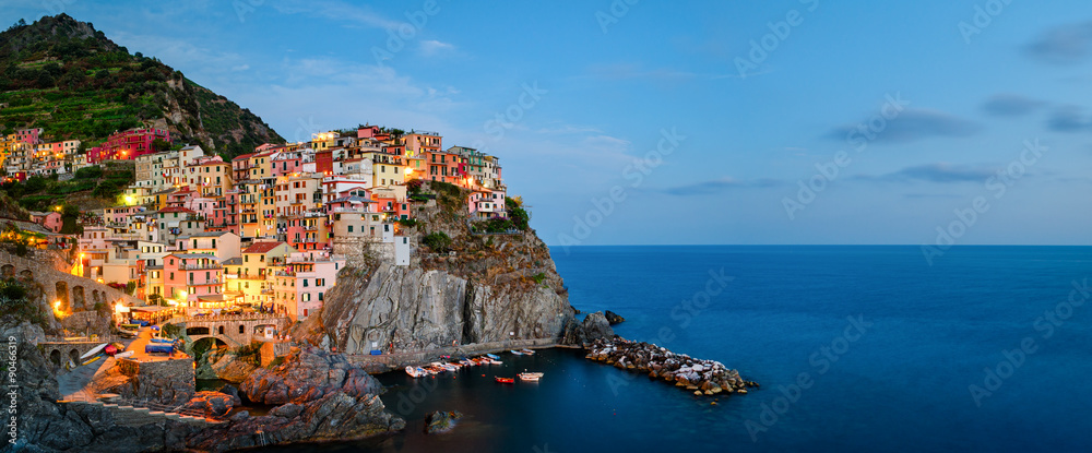 Manarola, Cinque Terre (Italian Riviera, Liguria) high definition panorama at twilight