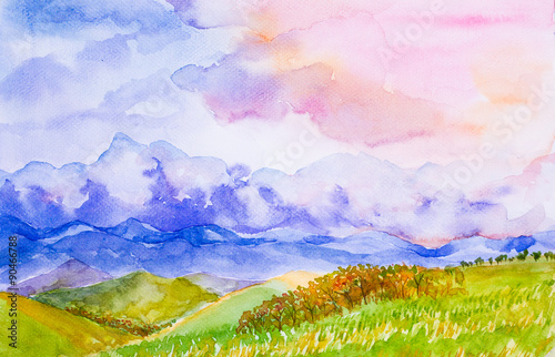 mountain landscape with colorful sky watercolor painted