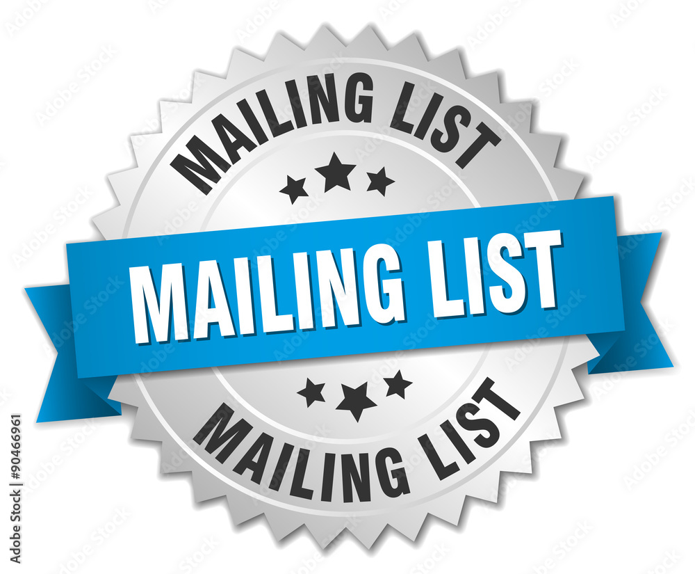 mailing list 3d silver badge with blue ribbon