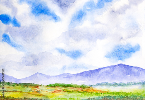 mountain landscape with blue sky watercolor painted